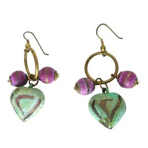 Vintage Boho Green Heart Purple Beads Dangle Earrings Brass Circle Hook